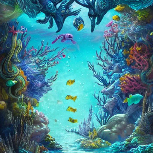 Image similar to underwater scene, d & d style, trending on artstation, colorful, intricate, highly detailed art by aurore folny