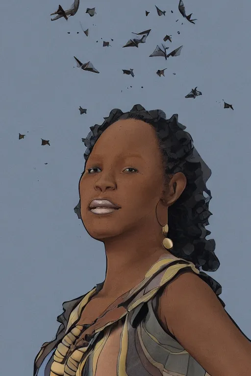 Image similar to a black woman ancestor watching her kids from the sky ( ( ( ( volumetric light ) ) ) ), high angle, part by pearl fryar, part by prince damah, sunny day, trending on artstation, cinematic view, illustration, painting.