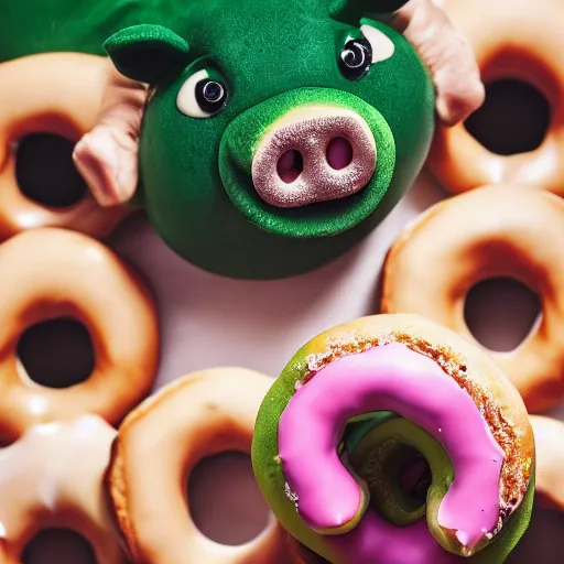 Prompt: A photography of green pig eating donuts, 4k, winning awards, HD