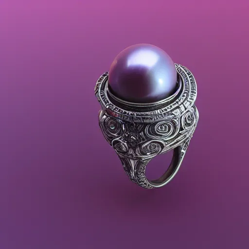 Image similar to silver ring with a purple pearl, extra terrestrial, magical, intricate, hyper detailed, octane render, 4k, 8k, photorealistic, fill light