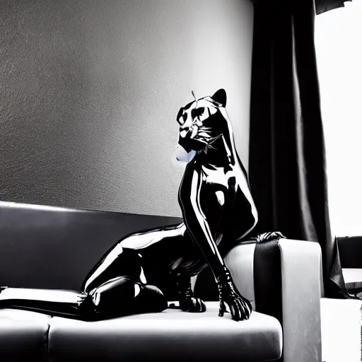 Image similar to a shiny black goo covered panther laying on a tar covered white couch in a living room, dripping and drooling black goo. digital art, photography, latex, rubber, reflective.