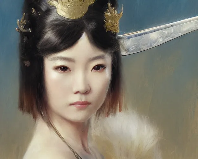 Image similar to a young japanese princess lady with white hair and bangs!!!!, posing with a sword, white hair highly detailed painting by gaston bussiere, craig mullins, j. c. leyendecker 8 k