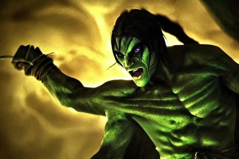 Image similar to vfx film closeup, legacy of kain soul reaver, raziel irl, hero pose, devouring magic souls, in epic ancient sacred huge cave temple, flat color profile low - key lighting award winning photography arri alexa cinematography, hyper real photorealistic cinematic beautiful, atmospheric cool colorgrade