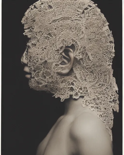 Prompt: a japanese woman's face in profile, made of intricate lace skeleton, in the style of the dutch masters and gregory crewdson, dark and moody