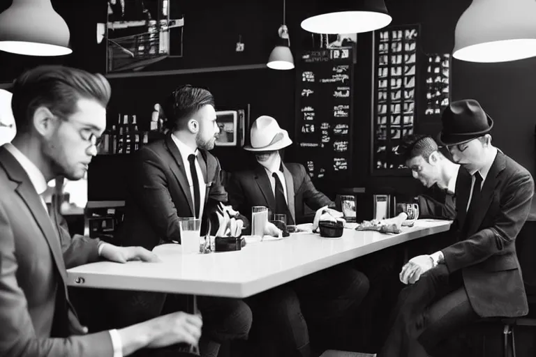 Prompt: still photo of new york men wearing suit and hat at a cafe, black and white color aesthetic, highly detailed, photorealistic portrait, bright studio setting, studio lighting, crisp quality and light reflections, unreal engine 5 quality render