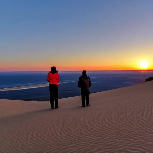 Image similar to three people watching the sun go down on the dune du pilat