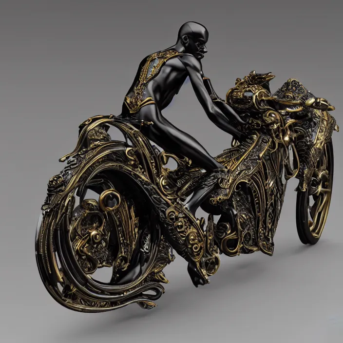 Prompt: fine art statue of black egyptian man on a surrealist motorbike motorcycle, ebony art deco, carved black marble, inlaid with ebony and gold accents, ebony rococo, wings black lace wear, spider zero, zaha hadid, beautifully lit, hyper detailed, octane render, intricate, elite, ornate, photorealistic, micro details, 3 d sculpture, ray trace