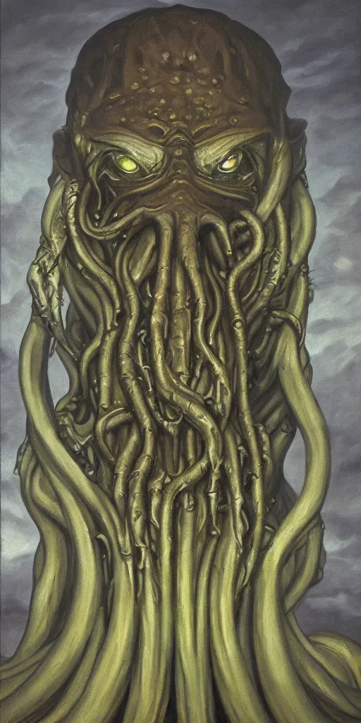 Prompt: a stunning and noble highly detailed portrait of cthulhu by h. r giger and edward hopper, trending on artstation, oil painting masterpiece, symmetry, mysterious, very very very aesthetic