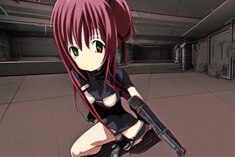 Image similar to an anime girl in a screenshot of the video game doom, the anime girl is crouching