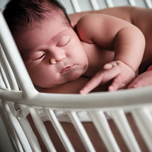 Image similar to huge muscles bodybuilder baby sleeping in a crib, newborn picture, barrel chested, rippling muscles, huge veins, bulging muscles, ripped, award winning photography, high detail