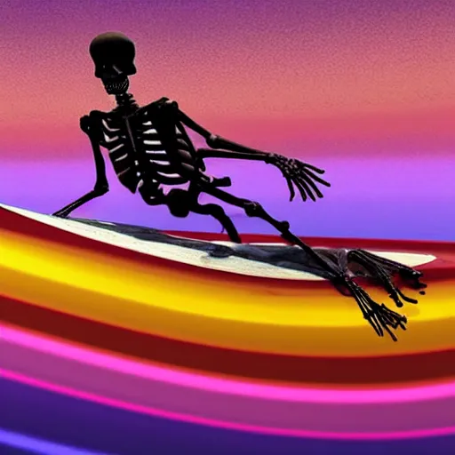 Prompt: skeleton on a surfboard over a psychedelic wave unreal engine