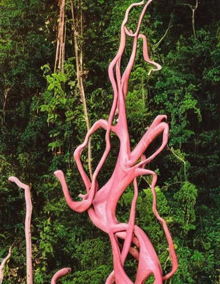 Image similar to vintage color photo of a giant 1 1 0 million years old abstract sculpture made of liquid pink gold covered by the jungle vines