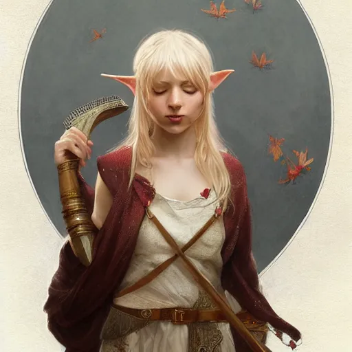 Image similar to elf fairy blond with a beautiful face, holding a lute, wearing a cardigan, highly detailed, intricate, digital painting, artstation, sharp focus, illustration, art by jakub rozalski, greg rutkowski, artgerm, tan zi and ayanamikodon and alphonse mucha and wlop