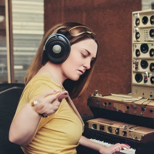 Prompt: realistic portrait of a woman with brown hair, jeans, headset, synthesizer, computer, steampunk, vivid colors