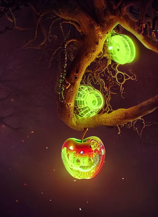 Image similar to intricate mechanical translucent apple with visible gears and components inside, growing off a tree, on the background of a weird magical mechanical forest. Very detailed 8k. Fantasy cyberpunk horror. Sharp. Cinematic post-processing