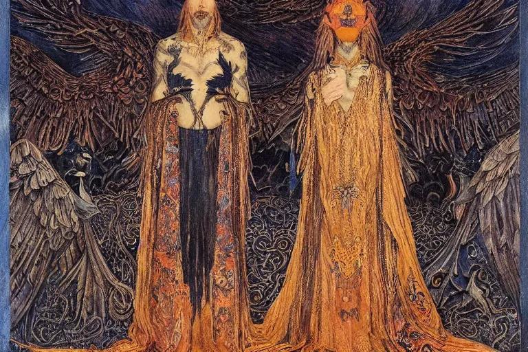 Image similar to coronation of the raven king, by Annie Swynnerton and jean delville and Nicholas Roerich, embroidered brocade, tattoos, elaborate costume, geometric ornament, symbolist, rich colors, dramatic lighting, smooth, sharp focus, extremely detailed