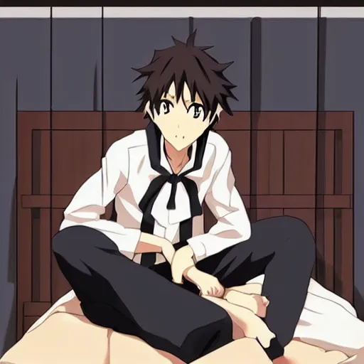 Image similar to “Hikigaya Hachiman sitting on his bed”