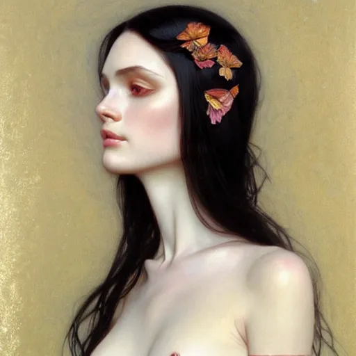 Image similar to Portrait of a beautiful, pale skin, Eastern European female with long black hair, dark eyes, elegant clothing, photorealistic, highly detailed, artstation, smooth, sharp focus, art by Klimt, artgerm, Greg Rutkowski and Alphonse Mucha