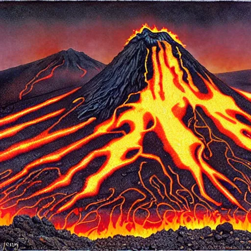 Image similar to poutine ( the canadian meal ) from ngauruhoe ( mount doom ), lava texture, char texture, volcano texture, fire texture, by alan lee, by john howe