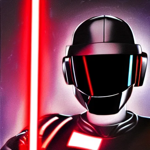 Prompt: Daft Punk inspired robot character, red lightsaber, space, star wars, retrowave, vaporwave, black cloak, concept art, arstation, award winning art by