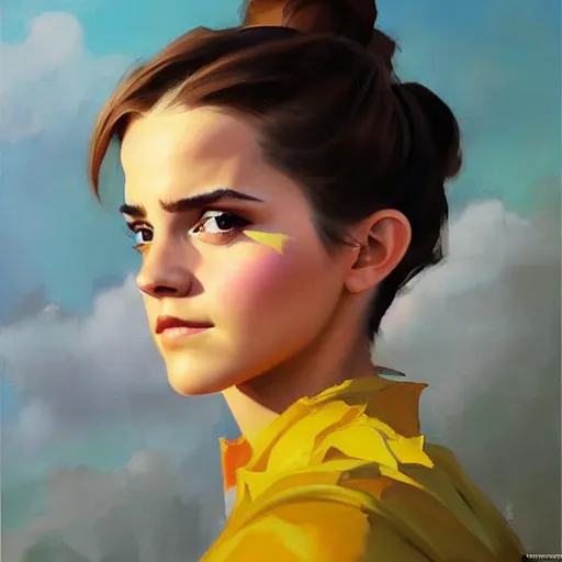 Image similar to Greg Manchess portrait painting of emma watson as Overwatch character, medium shot, asymmetrical, profile picture, Organic Painting, sunny day, Matte Painting, bold shapes, hard edges, street art, trending on artstation, by Huang Guangjian and Gil Elvgren and Sachin Teng