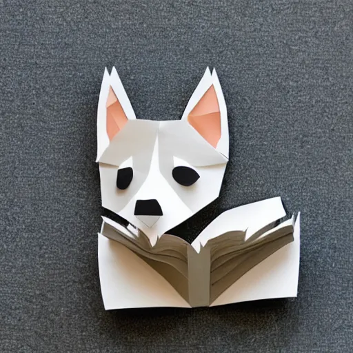 Image similar to cut paper sculpture of a cute husky pup reading a book