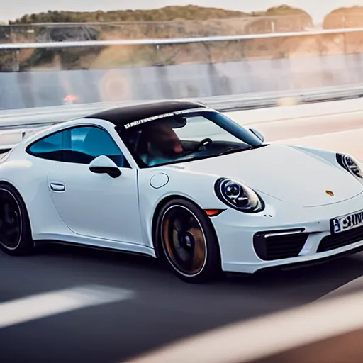 Image similar to 2 0 1 8 white porsche 9 1 1 racing on a highway, golden hour, 4 k photography, car photography, high detail