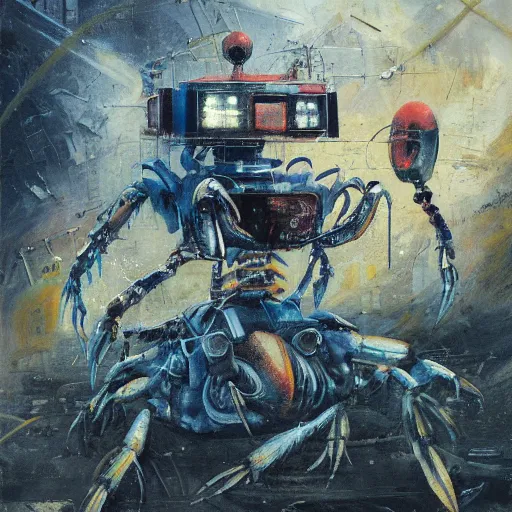 Image similar to robot crustacean, programming languages, oil on canvas by greg rutkowski and roberto matta