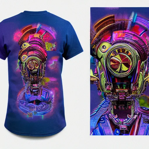 Image similar to mockup of a tshirt with a hyperdetailed portrait of a steampunk robot on lsd, 8 k, symetrical, flourescent colors, trippy mood, multicolored,