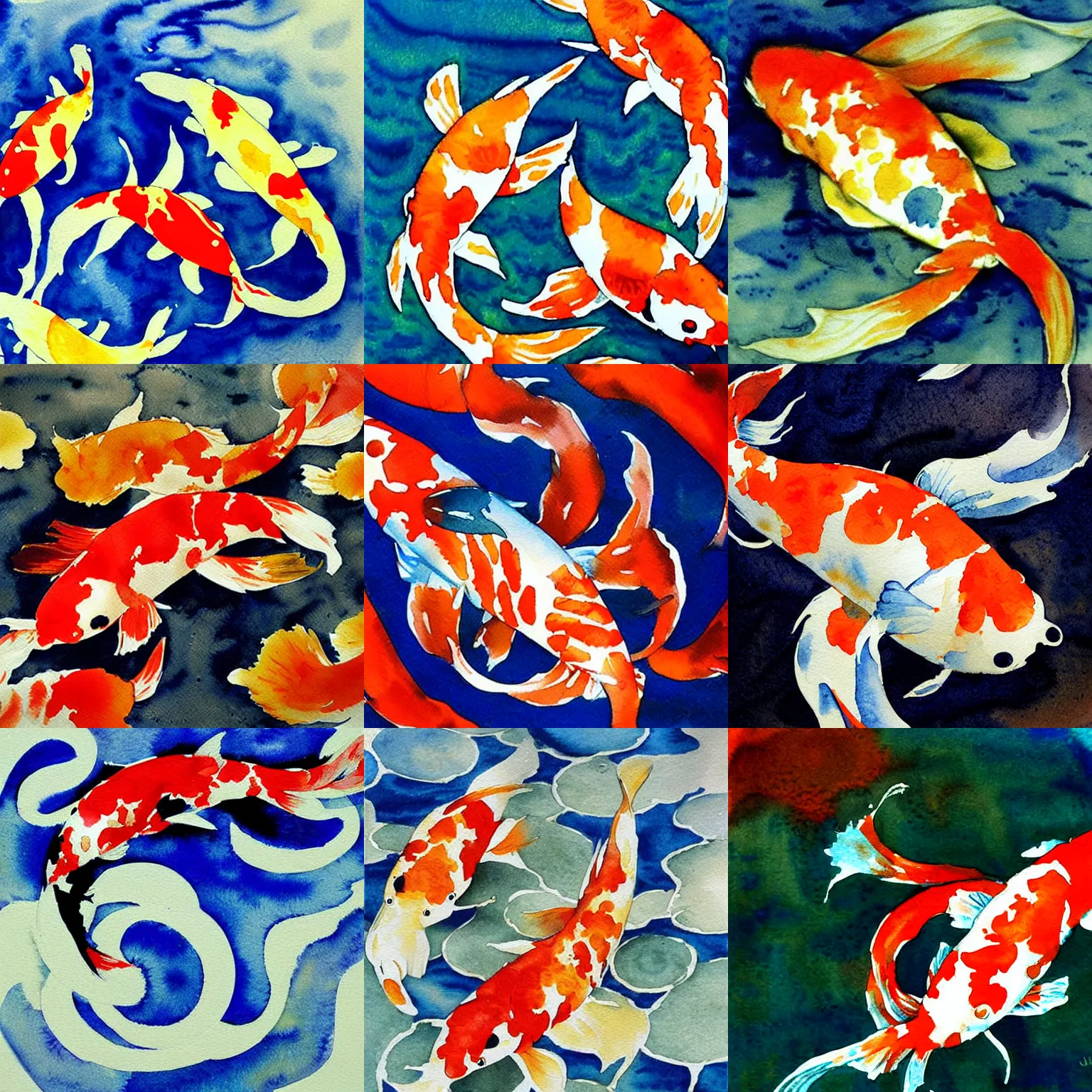 Prompt: abstract koi, intricate watercolor painting by john singer sargent