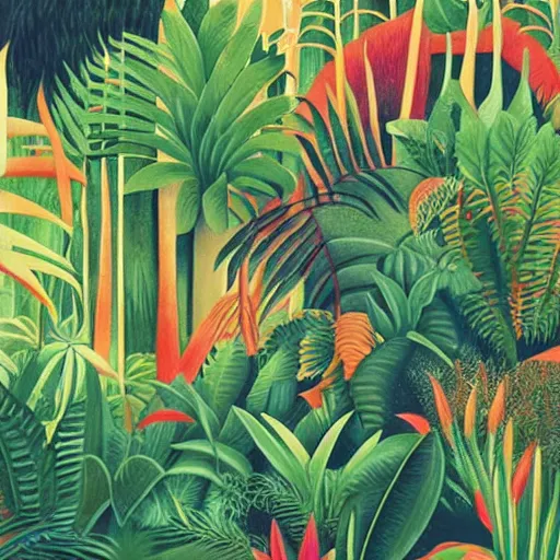 Prompt: a jungle scenery by henri rousseau and james gilleard