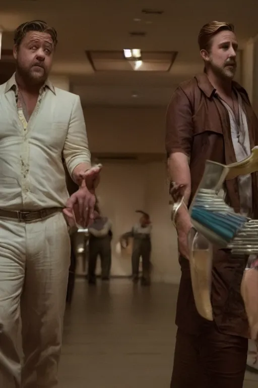 Prompt: Russell Crowe and Ryan Gosling in The Nice Guys (2016), cinematography, movie stills