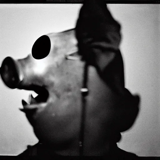 Image similar to creppy 2 0 0 3 photo of a pig masked man screaming in a dark room