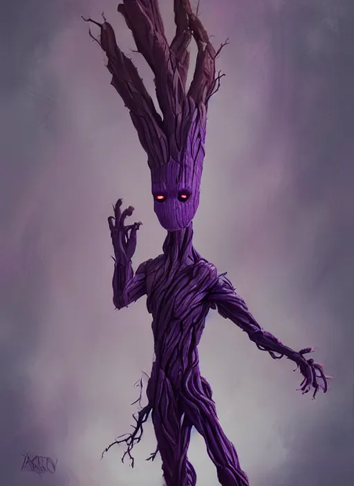 Prompt: Groot wearing a dark purple suit, elegant, digital painting, concept art, smooth, sharp focus, illustration, from StarCraft by Ruan Jia and Mandy Jurgens and Artgerm and William-Adolphe Bouguerea