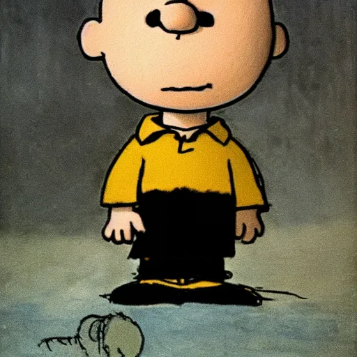 Image similar to Charlie Brown if he was a war criminal in 1945, somber, dark, Frank Weston Benson,