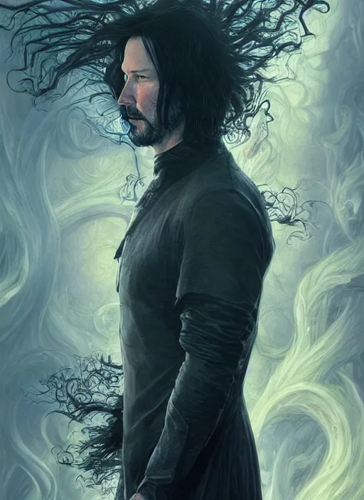 Prompt: keanu reeves as sandman elemental, with fingers and hair turning into smoke, fantasy, intricate, elegant, highly detailed, digital painting, artstation, concept art, wallpaper, smooth, sharp focus, illustration, art by artgerm and greg rutkowski and alphonse mucha