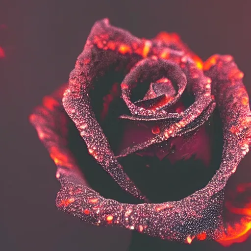 Image similar to award - winning macro of a beautiful black rose made of glowing molten magma