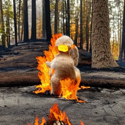 Prompt: a cute furry monster looking at a forest fire