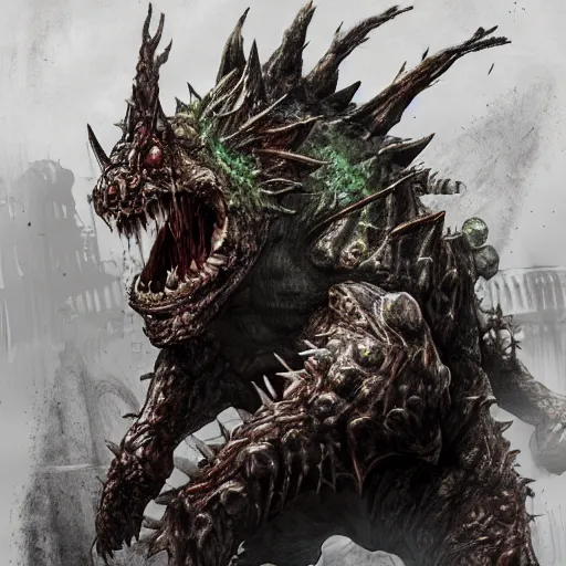 Image similar to Giga Bowser, Resident Evil virus concept art, destroyed kingdom, highly detailed, horror, scary, terrifying, horrific, hd 4k