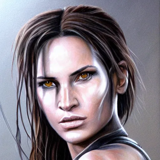 Image similar to Lara Croft detailed headshot Portrait, painting drawn by HR Giger