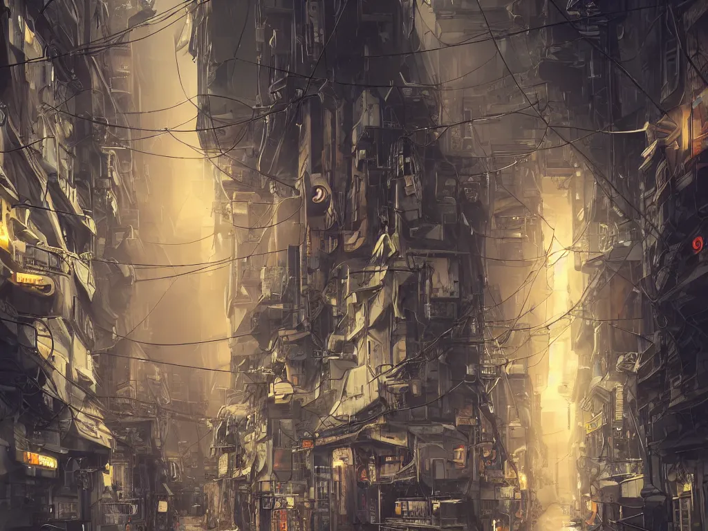 Image similar to futuristic dieselpunk narrow street, cable stone ground. lots hanging cables, tiny wires on the ground. garbage on the ground. rain. fog, haze, evening. led screens. neon signs. very sharp. cables on the ground. very messy. futuristic. photorealistic. artstation. anime. studio gimbli style. golden rate.