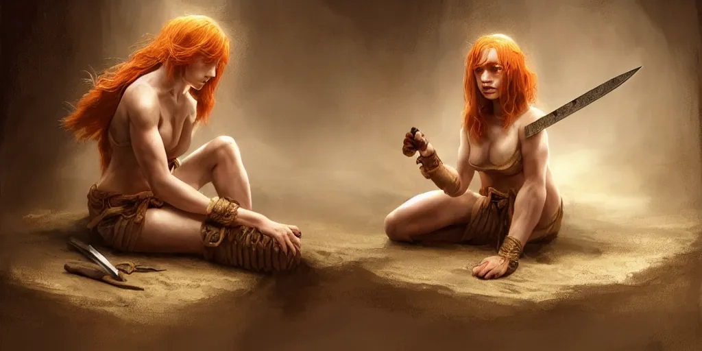 Image similar to ginger girl with problems, sitting and drinking in an ancien tavern and playing with a knife, attractive, warrior, strong body, action pose, ancient, sand, emerald, intricate, highly detailed, digital painting, artstation, concept art, smooth, sharp focus, illustration, Unreal Engine 5, 8K, art by artgerm and greg rutkowski and alphonse mucha