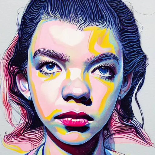 Image similar to anya taylor - joy portrait in detail in block colour by james jean,