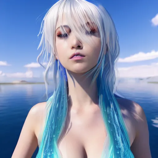 Image similar to a 3D render of a very beautiful anime girl wearing a dress made of water standing in a crystal lake , full body, long white hair with azure blue highlights blending into the dress , azure blue watery eyes, full round face, seductive over the shoulder glances , lens flare, cinematic lighting, golden hour, medium shot, mid-shot, auto-focus , highly realistically detailed, trending on artstation, Unreal Engine 4k, Stanley Artgerm Lau, WLOP, Rossdraws, James Jean, Andrei Riabovitchev, Marc Simonetti, and Sakimichan