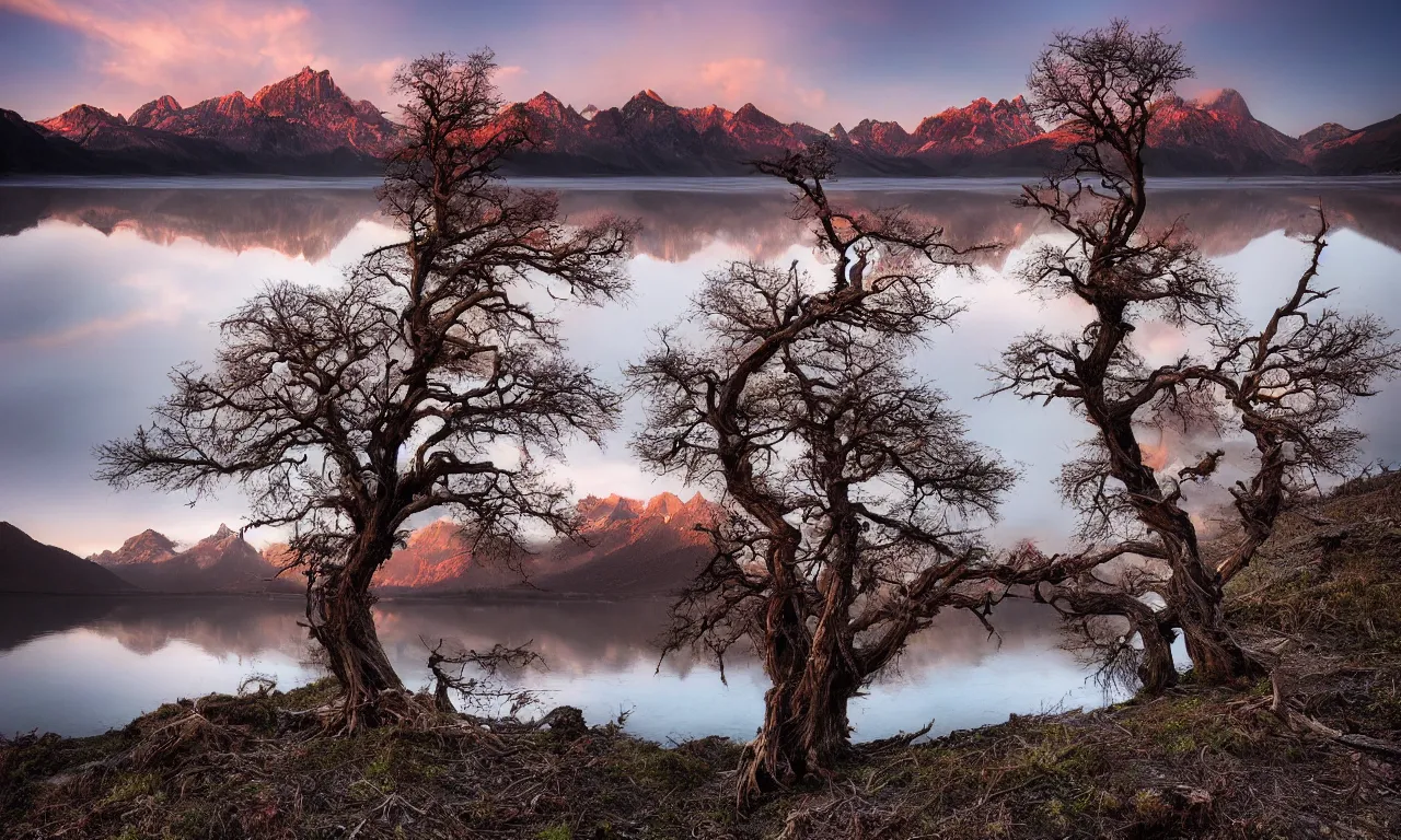 Image similar to landscape photography by marc adamus, dead tree in the foreground, mountains, lake