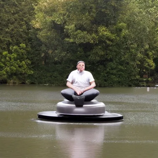 Image similar to man riding a levitating hovercraft