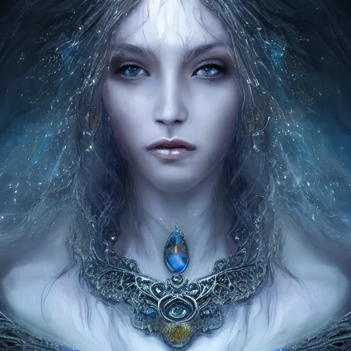 Prompt: masterpiece portrait of a beautiful mage woman, ice spell, 3 0 years woman, soft realistic thin appealing face, light eyes, black dynamic hair, wearing silver diadem, blue gems inlays, silver necklace, digital painting by wlop, luis royo, atmospheric effects, chaotic blue sparks dynamics background, intricate, artstation, fantasy