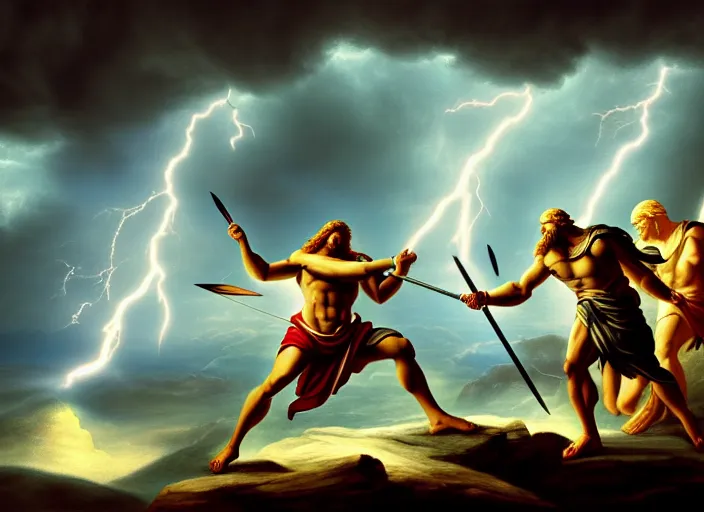 Image similar to soft painting of zeus fighting chronos with a spear of lightning at the top of mount olympus. fantasy style. highly detailed 8 k. intricate. lifelike. soft light. nikon d 8 5 0 5 5 mm. dof. cinematic post - processing.