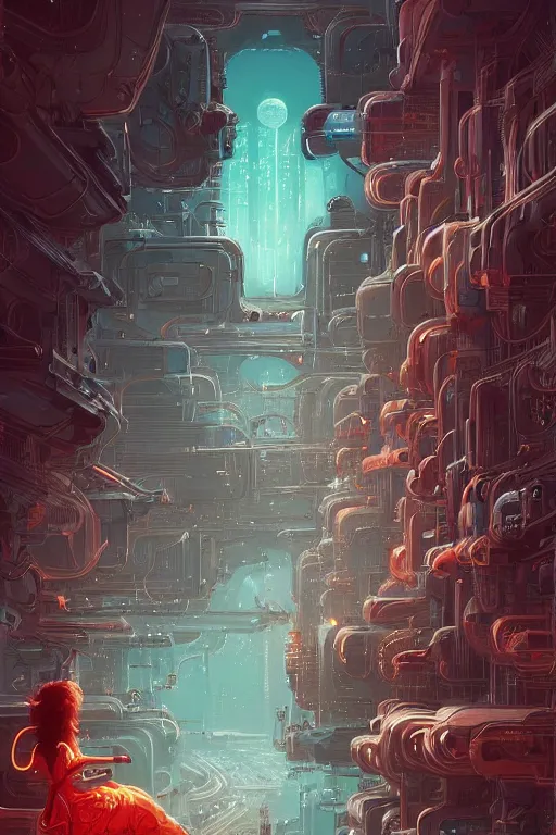 Prompt: highly detailed portrait of sci - fi long curly blue haired lady, stray wiring by atey ghailan, james gilleard, by joe fenton, by greg rutkowski, by greg tocchini, by kaethe butcher, 4 k resolution, gradient red, orange, black and white color scheme!!! ( ( nebula dystopian city spiral background ) )