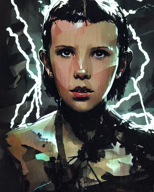 Image similar to Portrait of Millie Bobby Brown in a jungle of lightning by Yoji Shinkawa